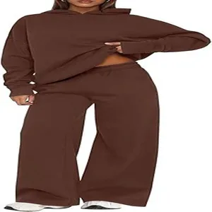 Solid brown fleece-lined hooded sweatshirt and wide-leg sweatpants two piece set detail.