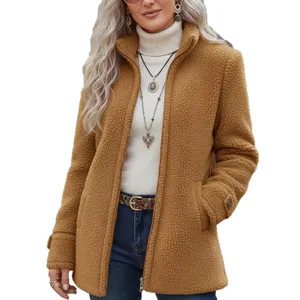 Winter women stand collar solid loose casual long sleeve sherpa fleece zip jacket main view.