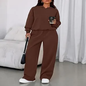 Cozy brown fleece-lined hooded sweatshirt and wide-leg pants set, comfortable indoor scene.