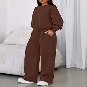 Autumn winter solid color fleece lined long sleeve hoodie loose wide leg sweatpants two piece set