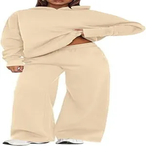 Women solid color fleece lined hoodie and wide leg sweatpants two piece set for autumn winter.