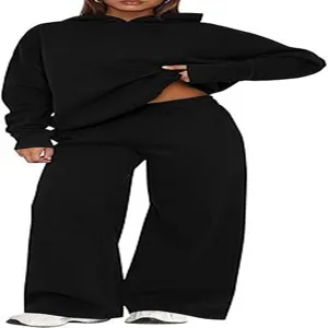 Solid color fleece-lined hoodie and wide-leg sweatpants two-piece set, winter casual lounge wear.