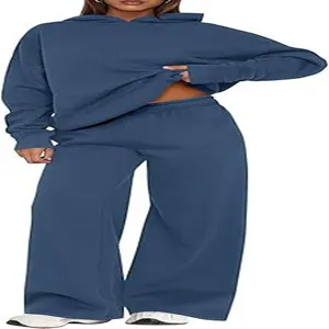 Detailed view of women casual fleece hoodie and wide leg pants tracksuit set in dark blue.