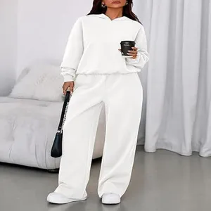 Solid color plush hoodie loose wide-leg sweatpants two-piece set autumn winter casual women wear.