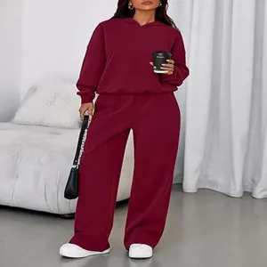 Women solid color hooded sweatshirt and wide leg pants tracksuit two piece set casual outfit