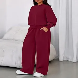 Casual fleece-lined long sleeve hooded sweatshirt and wide leg pants two piece set for women.