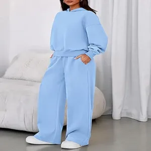 Detail shot of a casual light blue fleece hoodie and wide leg sweatpants set worn indoors.