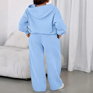 Women Solid Color Fleece Hooded Sweatshirt Wide Leg Pants Tracksuit Two Piece Set Detail