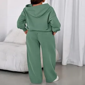 Women casual fleece hoodie wide leg pants tracksuit set solid color winter autumn outfit