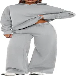 Detailed view of the solid grey fleece-lined hooded sweatshirt and wide-leg lounge pants set.