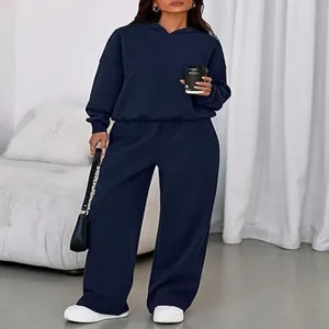 Autumn winter solid fleece hooded sweatshirt loose wide leg sweatpants two piece set women