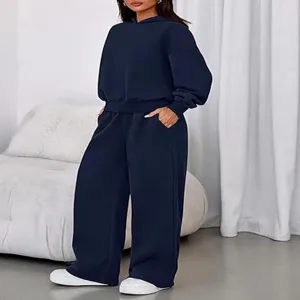 Detail view of the cozy fleece-lined dark blue hoodie and wide leg pants set for daily wear.