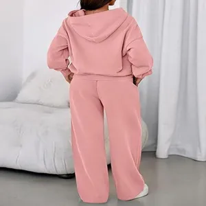 Women solid fleece hoodie and wide leg sweatpants two piece set winter pink tracksuit details.