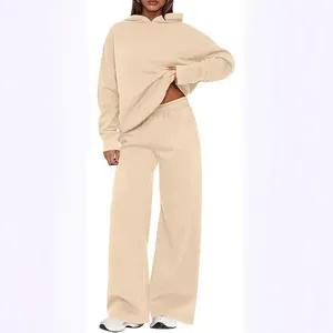 Women solid color fleece tracksuit casual hooded sweatshirt and loose wide leg pants set