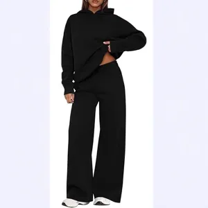 Casual Women Fall Winter Solid Color Hooded Sweatshirt Wide Leg Sweatpants Set Active