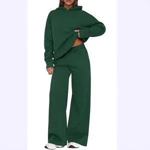 Women solid dark green fleece hoodie and wide leg sweatpants tracksuit two piece set winter.