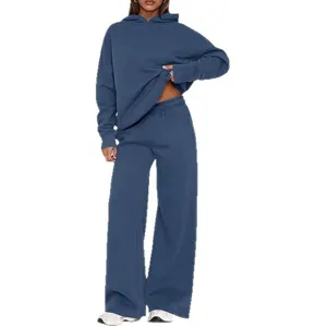 Cozy solid color fleece hoodie and wide leg sweatpants two piece tracksuit for women.