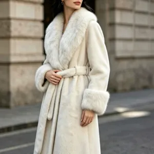 Close-up detail of luxurious faux fur long coat with fluffy collar and belt, elegant winter wear.