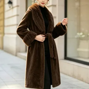 Long faux fur coat for women, winter warm thick belted outerwear with large plush collar and elegant style.