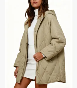 Femme veste matelassée à capuche kaki décontractée manteau mi-long ample hiver automne.