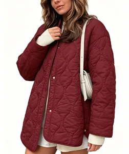 Women's quilted cotton coat casual loose mid length crew neck burgundy winter jacket detail view