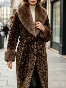 Women leopard faux fur long coat with plush collar winter warm stylish belted outerwear