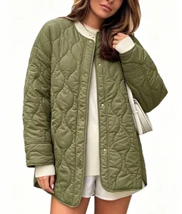 Women's loose quilted jacket casual round neck mid length solid color coat winter outerwear