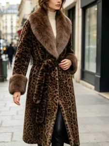 Women leopard print faux fur long coat winter warm thick belt fur collar elegant outwear
