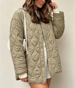 Women quilted jacket autumn winter casual loose crewneck solid outerwear fashion coat detail