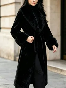 Elegant black faux fur long coat with big collar, stylish winter outerwear for women.