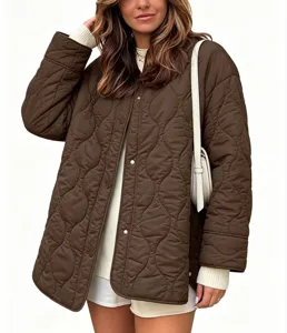 Women casual quilted jacket long sleeve button down outerwear autumn winter loose warm coat