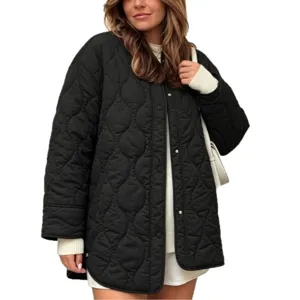 Detail view of a stylish black quilted jacket, featuring a chic round neck and cozy design.