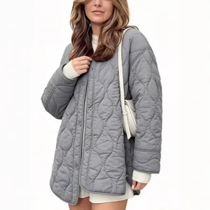 Women loose round neck quilted cotton jacket mid-length solid casual fashion coat detail
