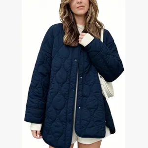 Women's quilted winter jacket casual loose crew neck solid outerwear daily wear fashion coat