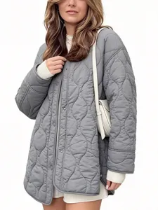 Women's Casual Loose Crew Neck Mid Length Solid Color Quilted Cotton Coat Long Sleeve Puffer Jacket Winter Outerwear