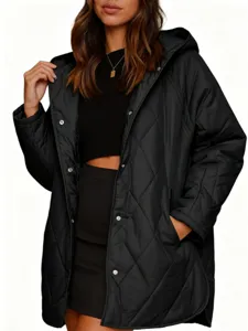 Femme Capuche Veste Matelassée Losange Casual Ample Mi Longue Hiver Manteau Noir Chic