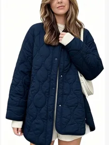 Womens quilted jacket casual crew neck loose outerwear winter solid color navy blue fashion