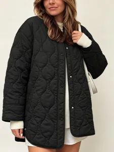 Women black quilted jacket casual crew neck mid length coat winter fashion outerwear