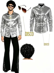 Mens 70s disco costume set retro metallic shirt pants wig sunglasses necklace party outfit