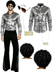 Men 70s Disco Costume Set Silver Metallic Shirt Flared Pants Wig 80s Party Stage Outfit