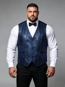 Men's Elegant Blue Sequin Vest Formal Waistcoat for Stage Performance Host Singer Photo