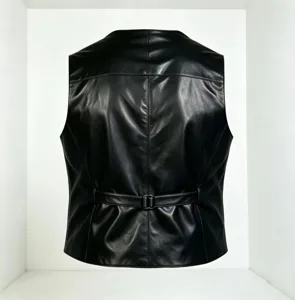 Detalle de la espalda del chaleco de cuero negro para hombre, con corte elegante y hebilla metálica.