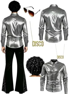 Men disco costume set detail featuring silver shiny shirt, flared pants, wig and disco necklace.