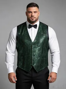 Close-up view of the green sequin vest featuring a wave pattern, V-neck, and button closure.