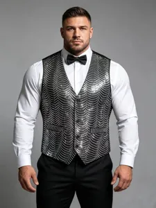 Men's sequin vest for stage performance, host, and photography. Stylish V-neck waistcoat.