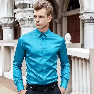 Men satin long sleeve dress shirt solid color casual slim fit stylish button down top