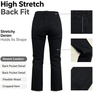 Women black high stretch slim cropped denim jeans raw edge back pocket detail chic