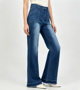 High waist loose straight denim jeans for women, washed blue long trousers with stylish pockets.