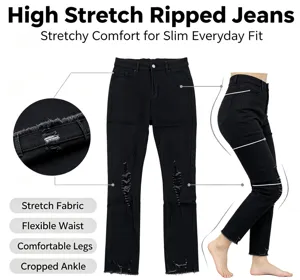 Close-up detail of high stretch black ripped jeans, flexible waist and cropped raw ankle.