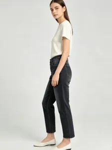 Women's casual high-waisted multi-button skinny denim pants in distressed dark grey finish.